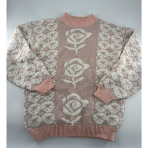 PRIVATE EYES 80s Vintage Sweater USA Floral Roses Pink White Y2K Womens Medium